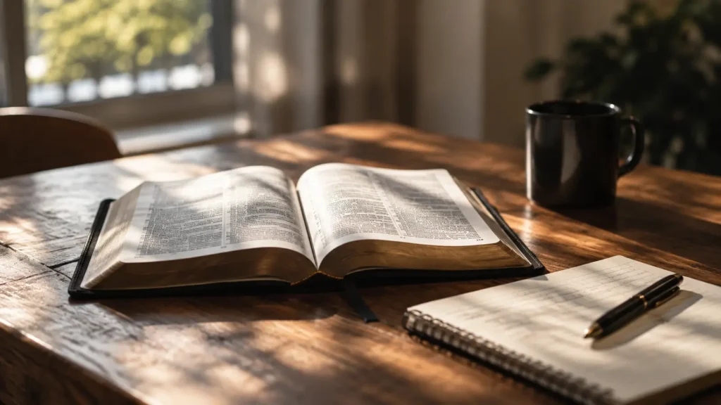 Reunió d'estudi - Centre Bíblic Biblia abierta sobre una mesa junto a una taza y una libreta