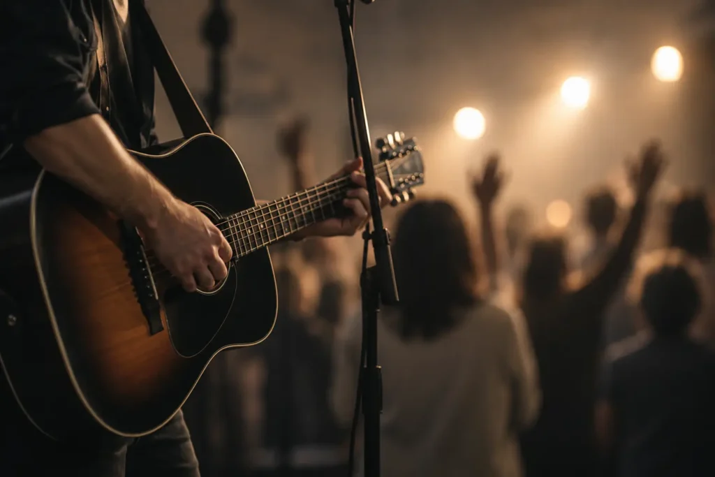 Reunió de lloança - Centre Bíblic Persona tocando la guitarra y al fondo gente alabando