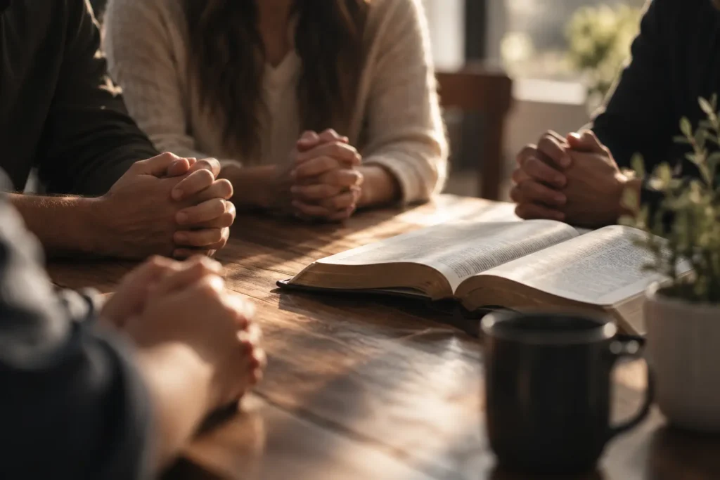 Reunió de pregària - Centre Bíblic Personas orando apoyados en una mesa con una Biblia abierta